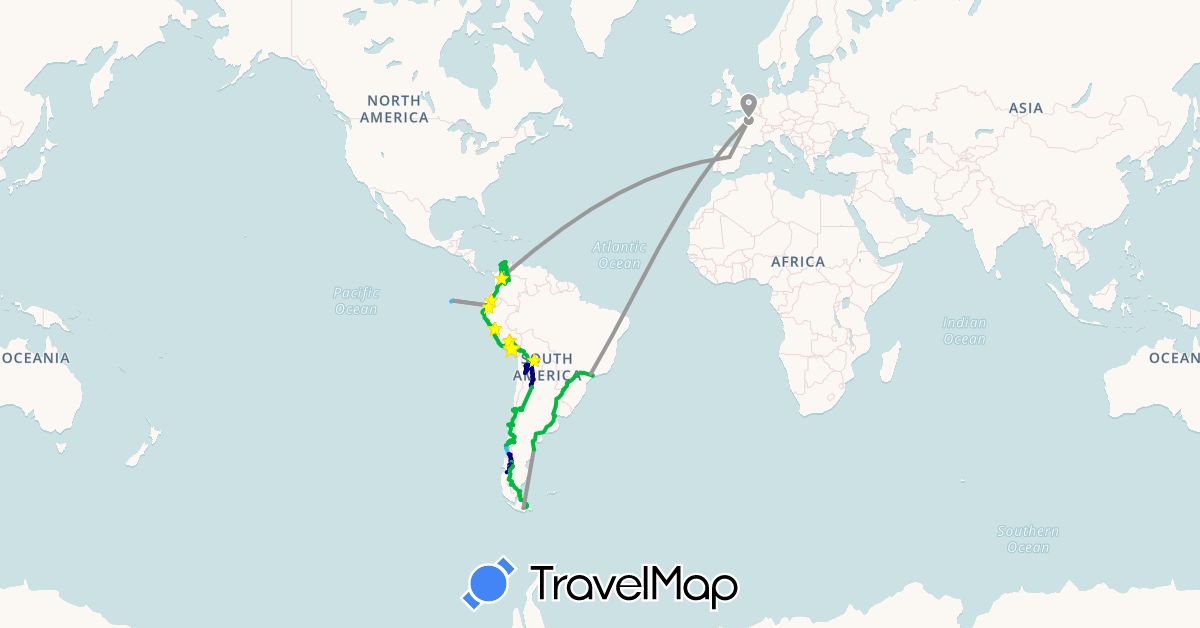TravelMap itinerary: driving, bus, plane, hiking, boat in Argentina, Bolivia, Brazil, Chile, Colombia, Ecuador, Spain, France, Peru (Europe, South America)